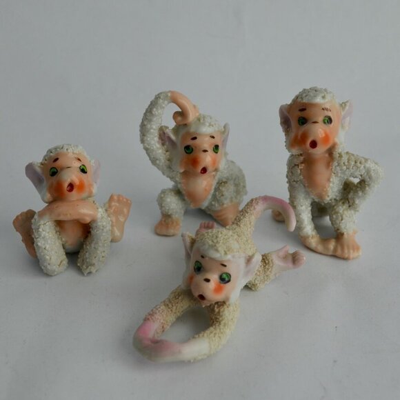 Vintage Sugared Monkeys White Porcelain Set of 4 Japan - Picture 2 of 6